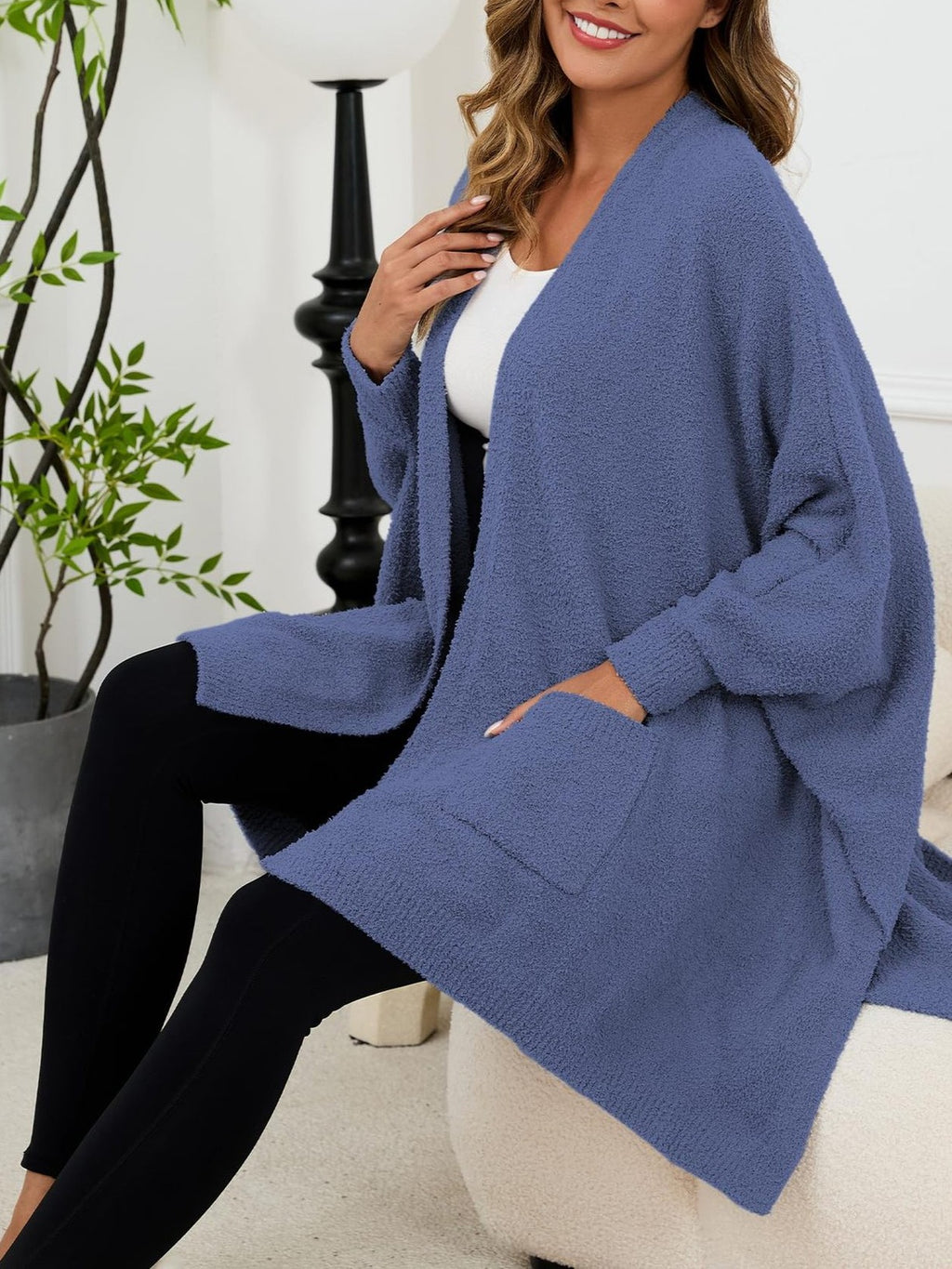 Fuzzy Knit Open Front Pocket Oversized Wrap Cardigan - Blue - 4