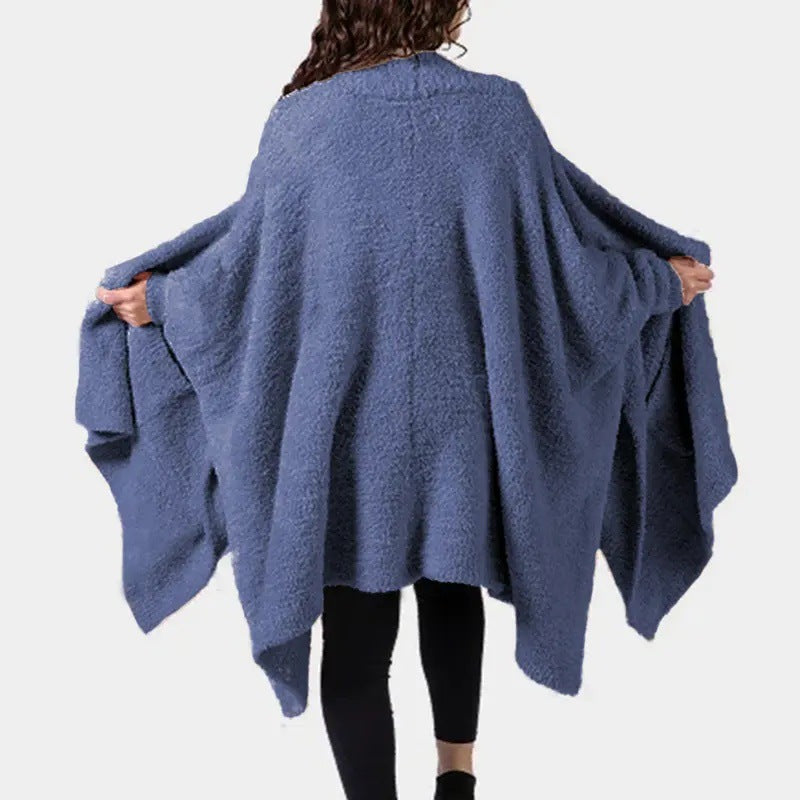 Fuzzy Knit Open Front Pocket Oversized Wrap Cardigan - Blue - 5