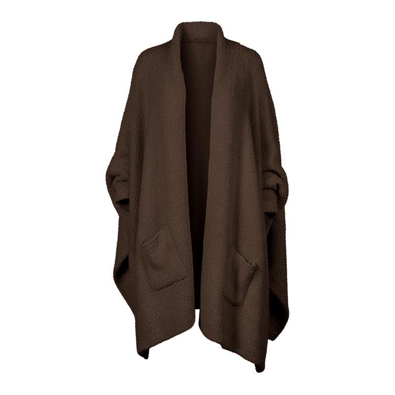 Fuzzy Knit Open Front Pocket Oversized Wrap Cardigan - Brown