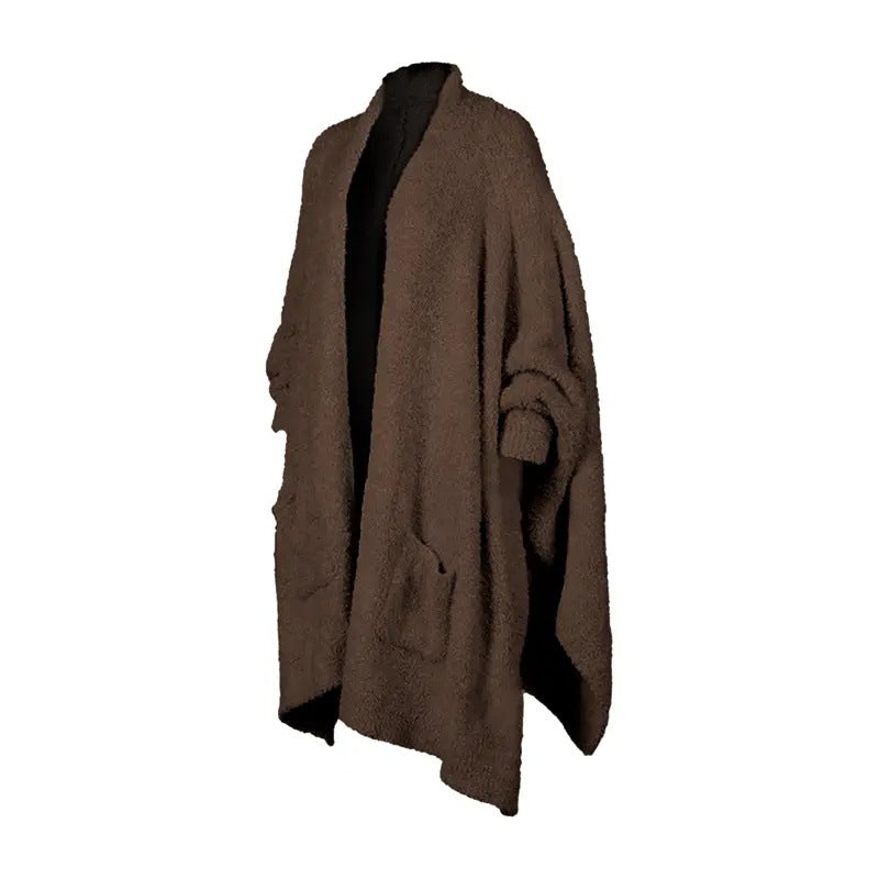 Fuzzy Knit Open Front Pocket Oversized Wrap Cardigan - Brown - 1