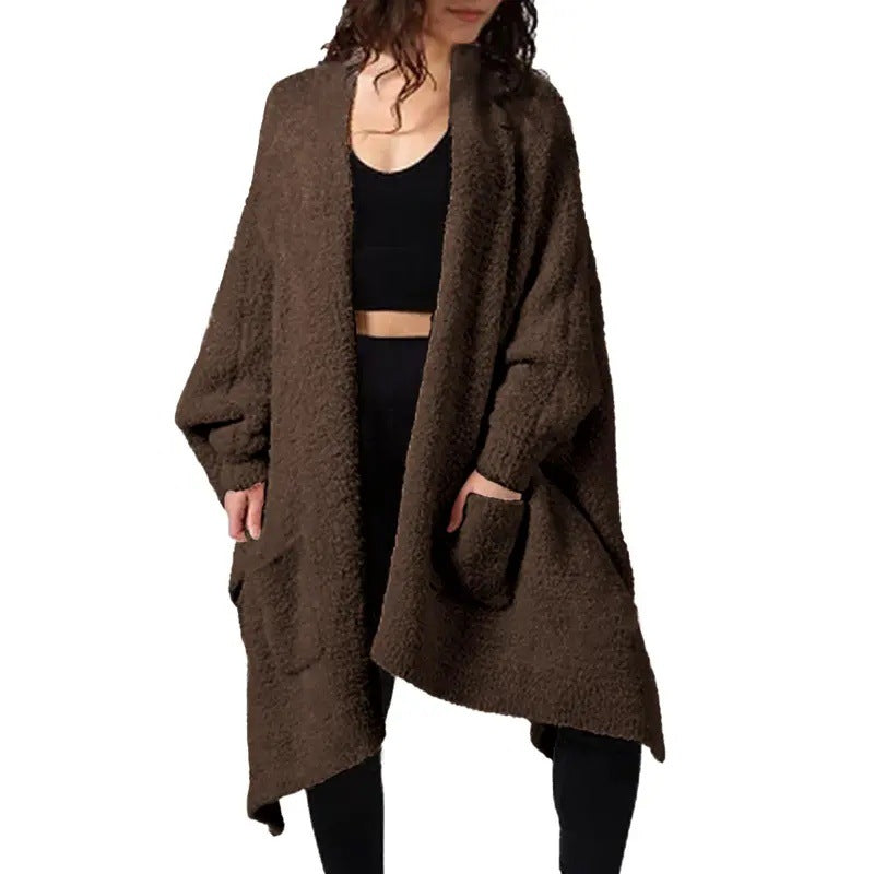 Fuzzy Knit Open Front Pocket Oversized Wrap Cardigan - Brown - 2