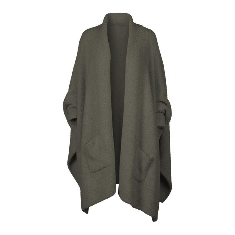 Fuzzy Knit Open Front Pocket Oversized Wrap Cardigan - Dark_Green