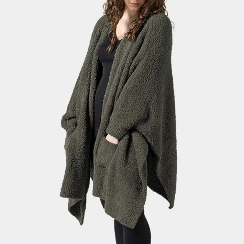 Fuzzy Knit Open Front Pocket Oversized Wrap Cardigan - Dark_Green - 1