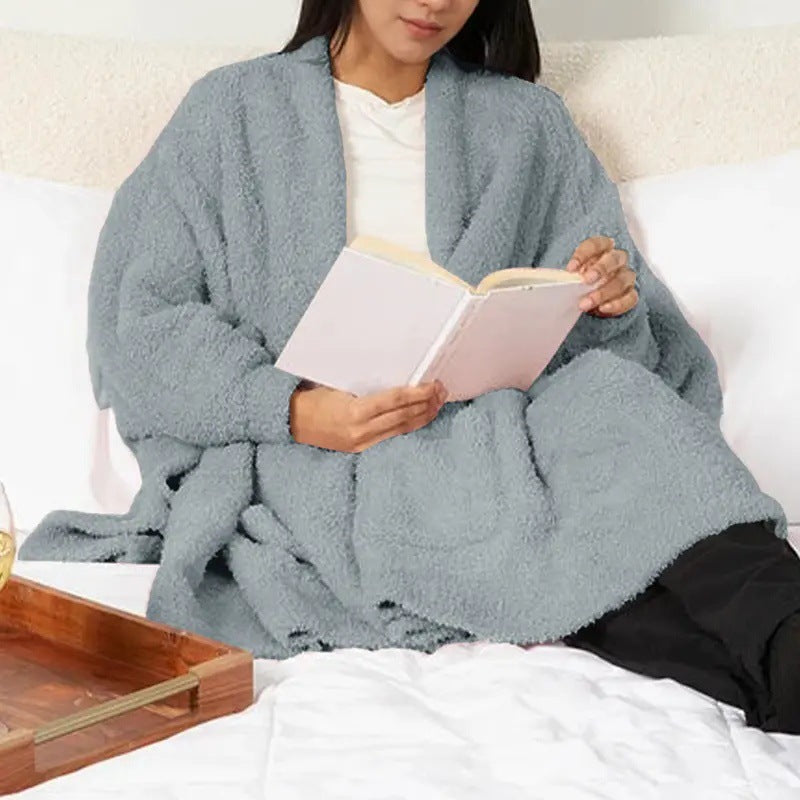 Fuzzy Knit Open Front Pocket Oversized Wrap Cardigan - Gray - 1