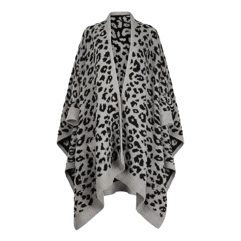 Fuzzy Knit Open Front Pocket Oversized Wrap Cardigan - Leo_Gray