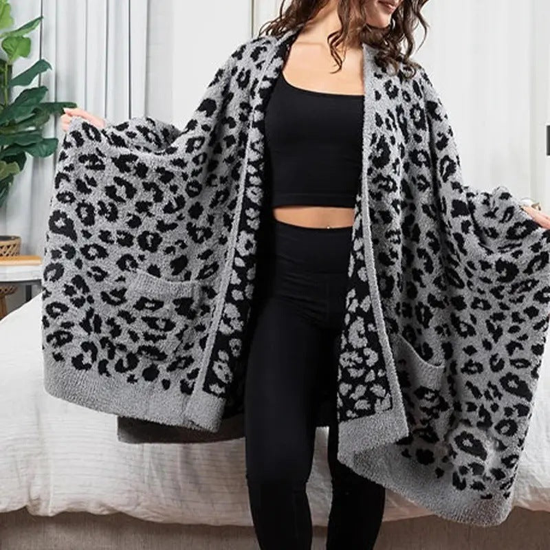 Fuzzy Knit Open Front Pocket Oversized Wrap Cardigan - Leo_Gray - 1