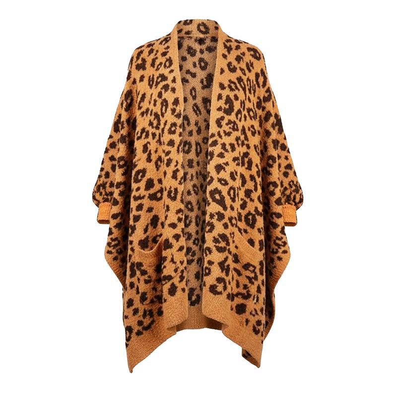 Fuzzy Knit Open Front Pocket Oversized Wrap Cardigan - Leo_Orange