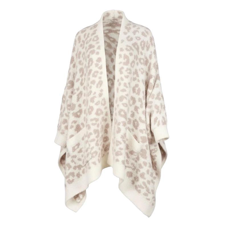 Fuzzy Knit Open Front Pocket Oversized Wrap Cardigan - Leo_White