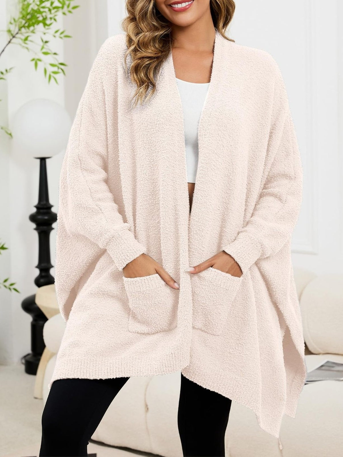 Fuzzy Knit Open Front Pocket Oversized Wrap Cardigan - LightPink - 2