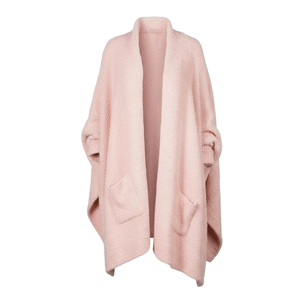 Fuzzy Knit Open Front Pocket Oversized Wrap Cardigan - Pink - 2