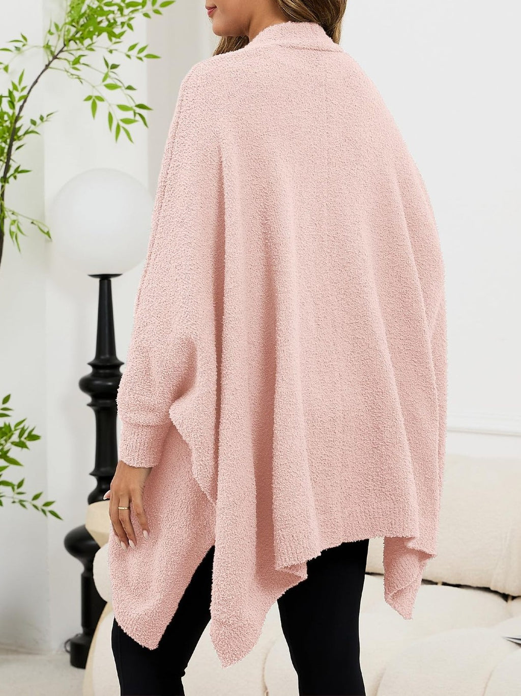 Fuzzy Knit Open Front Pocket Oversized Wrap Cardigan - Pink - 3