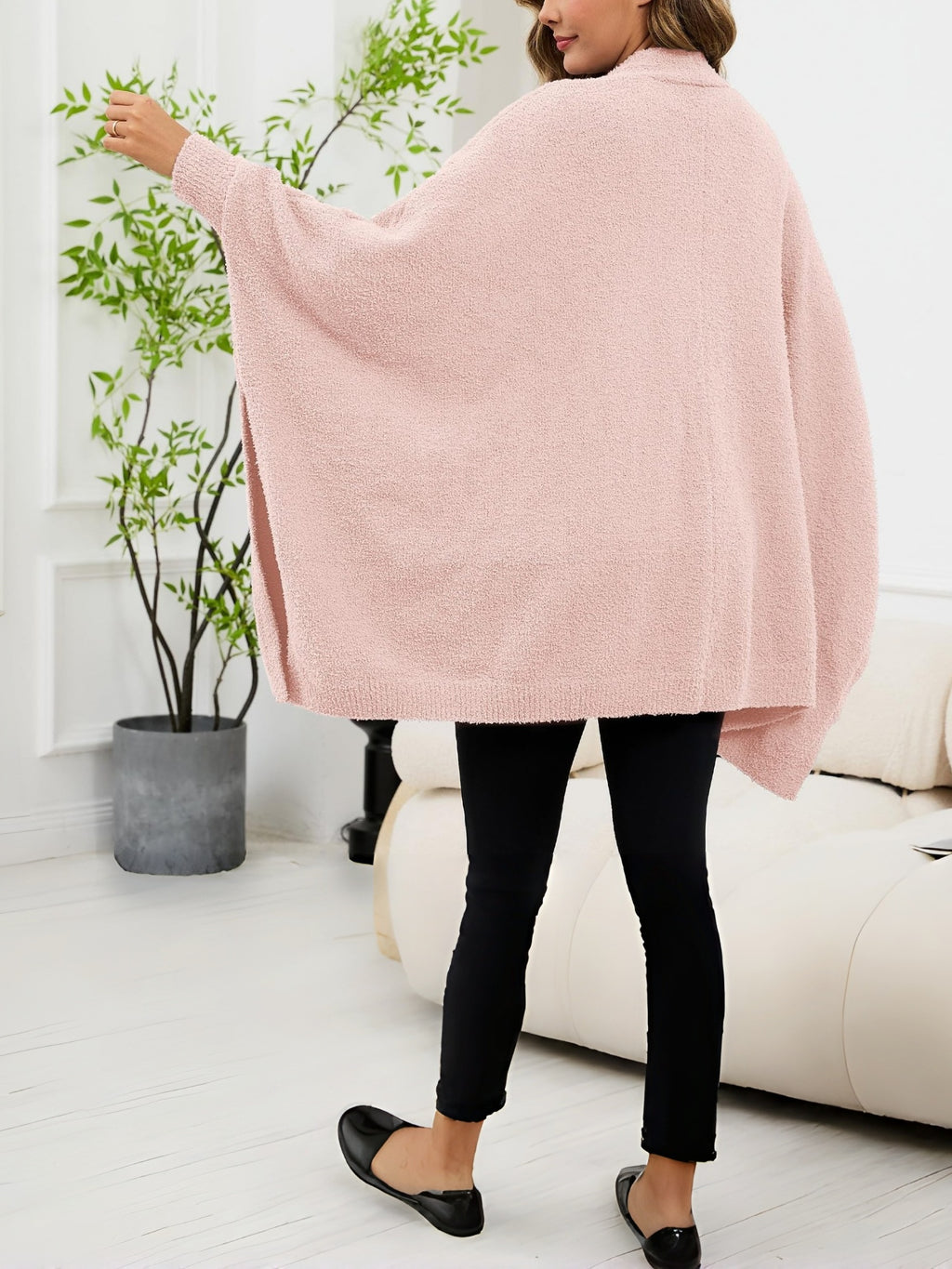 Fuzzy Knit Open Front Pocket Oversized Wrap Cardigan - Pink - 4