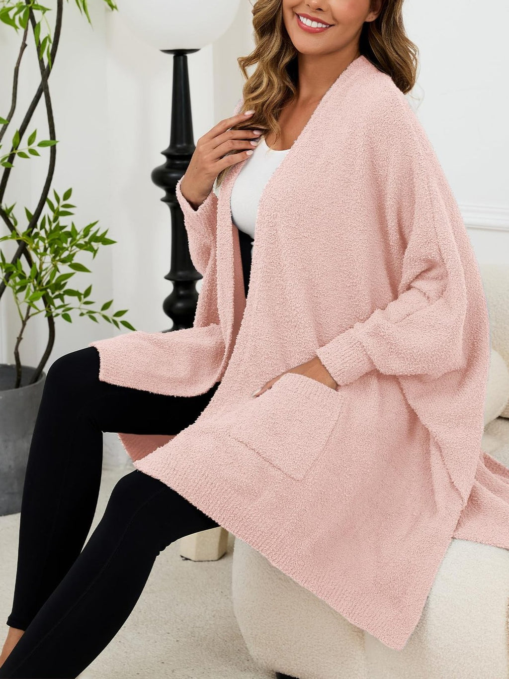 Fuzzy Knit Open Front Pocket Oversized Wrap Cardigan - Pink - 7
