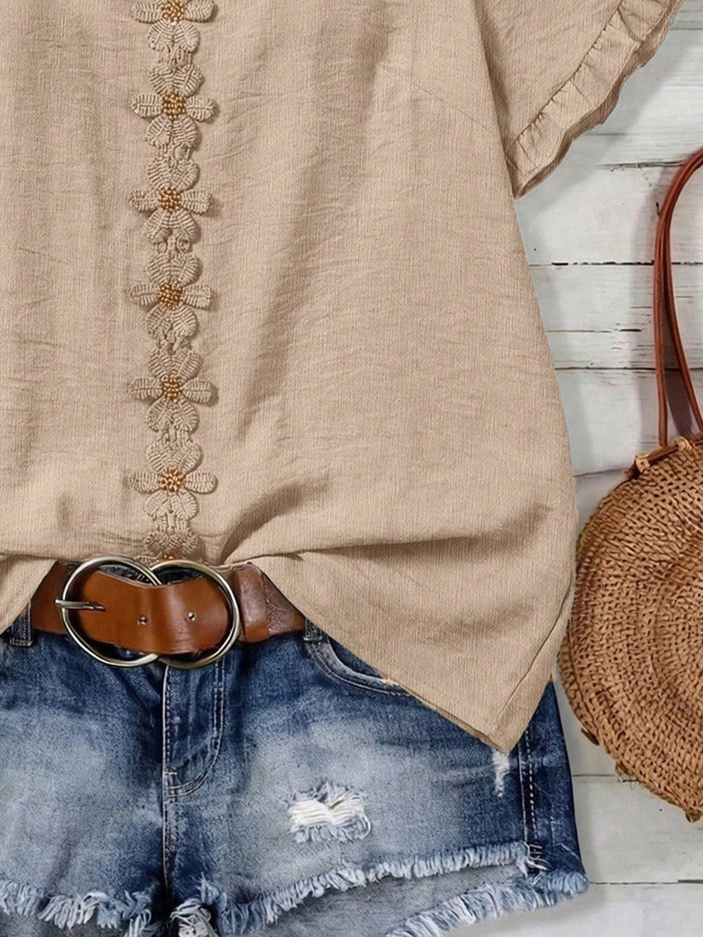 Ruffle-Sleeve V-Neck Floral Embroidered Peasant Blouse - Apricot - 5