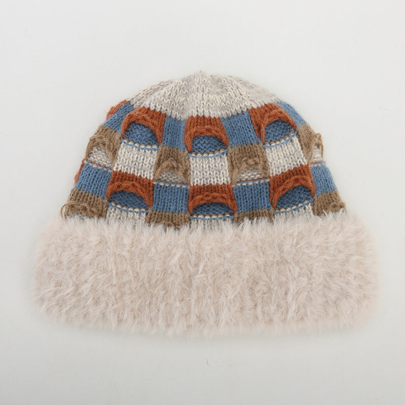 Checkered Knit Hat With Plush Faux Fur Cuff - Beige - 1