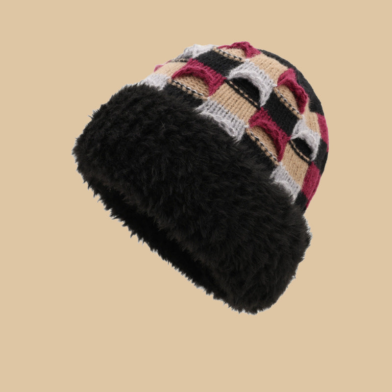 Checkered Knit Hat With Plush Faux Fur Cuff - Black