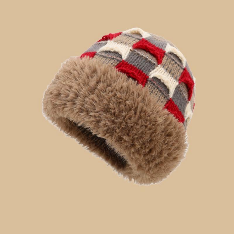 Checkered Knit Hat With Plush Faux Fur Cuff - Coffee