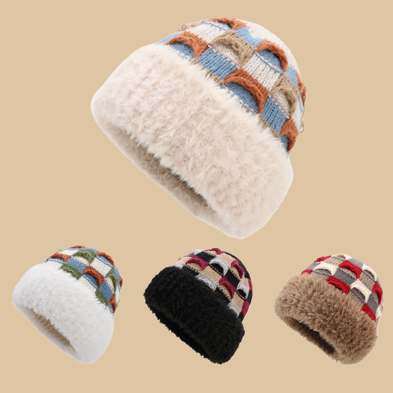 Checkered Knit Hat With Plush Faux Fur Cuff - Coffee - 1