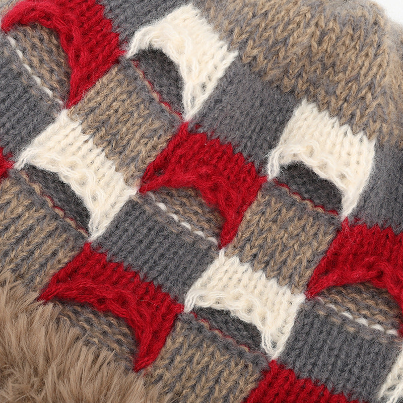 Checkered Knit Hat With Plush Faux Fur Cuff - Coffee - 2
