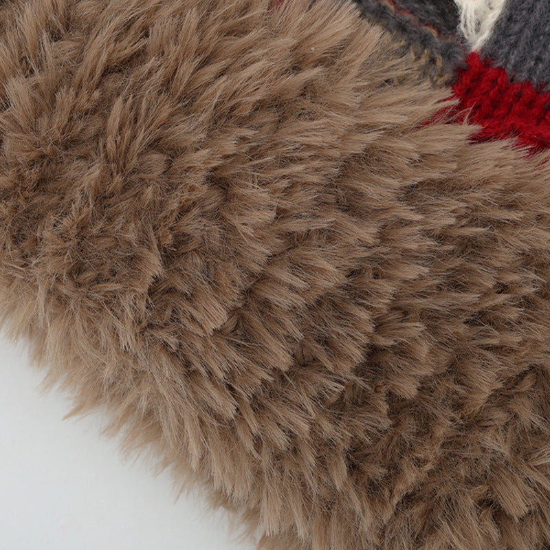 Checkered Knit Hat With Plush Faux Fur Cuff - Coffee - 3