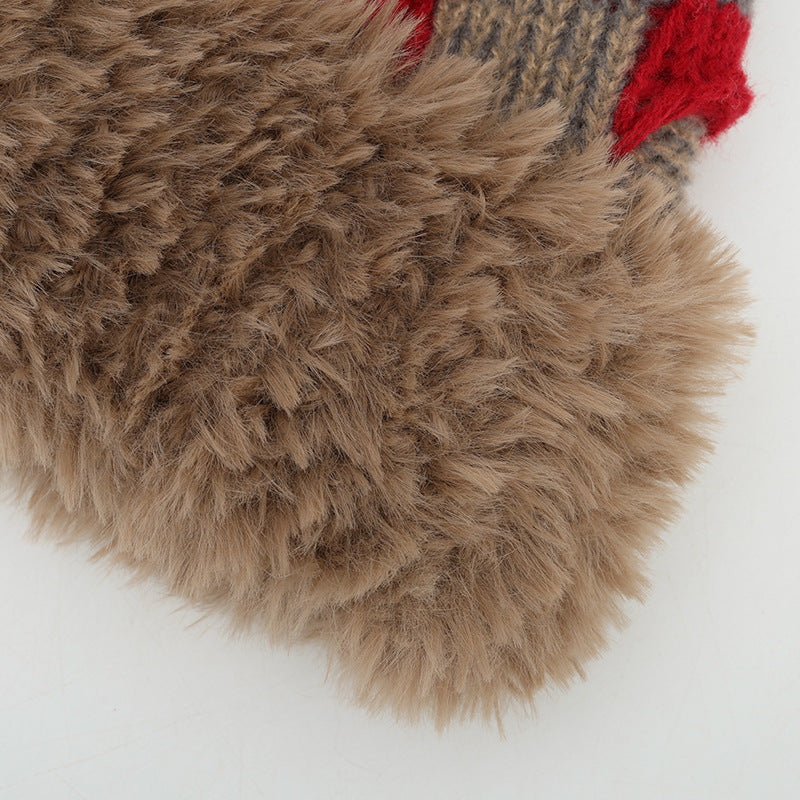 Checkered Knit Hat With Plush Faux Fur Cuff - Coffee - 4