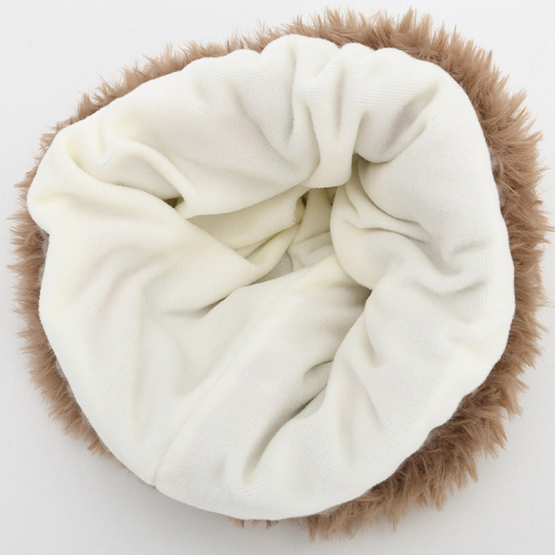 Checkered Knit Hat With Plush Faux Fur Cuff - Coffee - 5