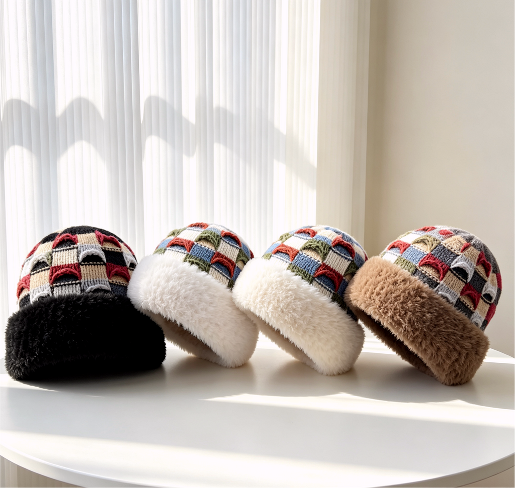 Checkered Knit Hat With Plush Faux Fur Cuff
