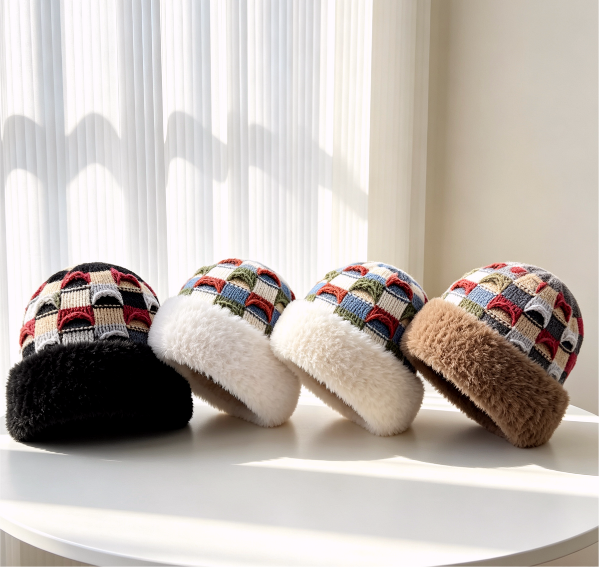 Checkered Knit Hat With Plush Faux Fur Cuff