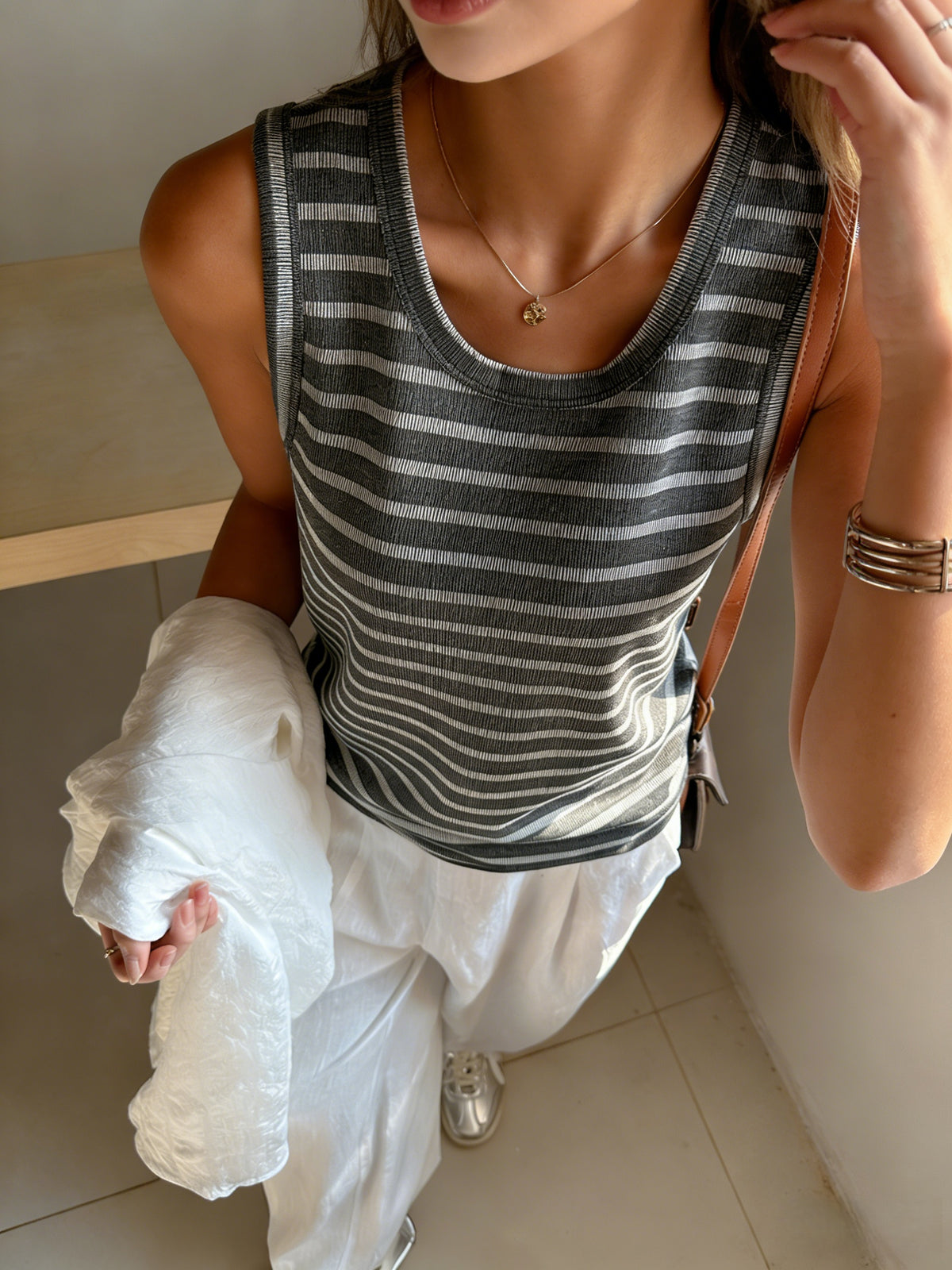 Wide Scoop Neck Striped Ribbed Tank - Grey - 2