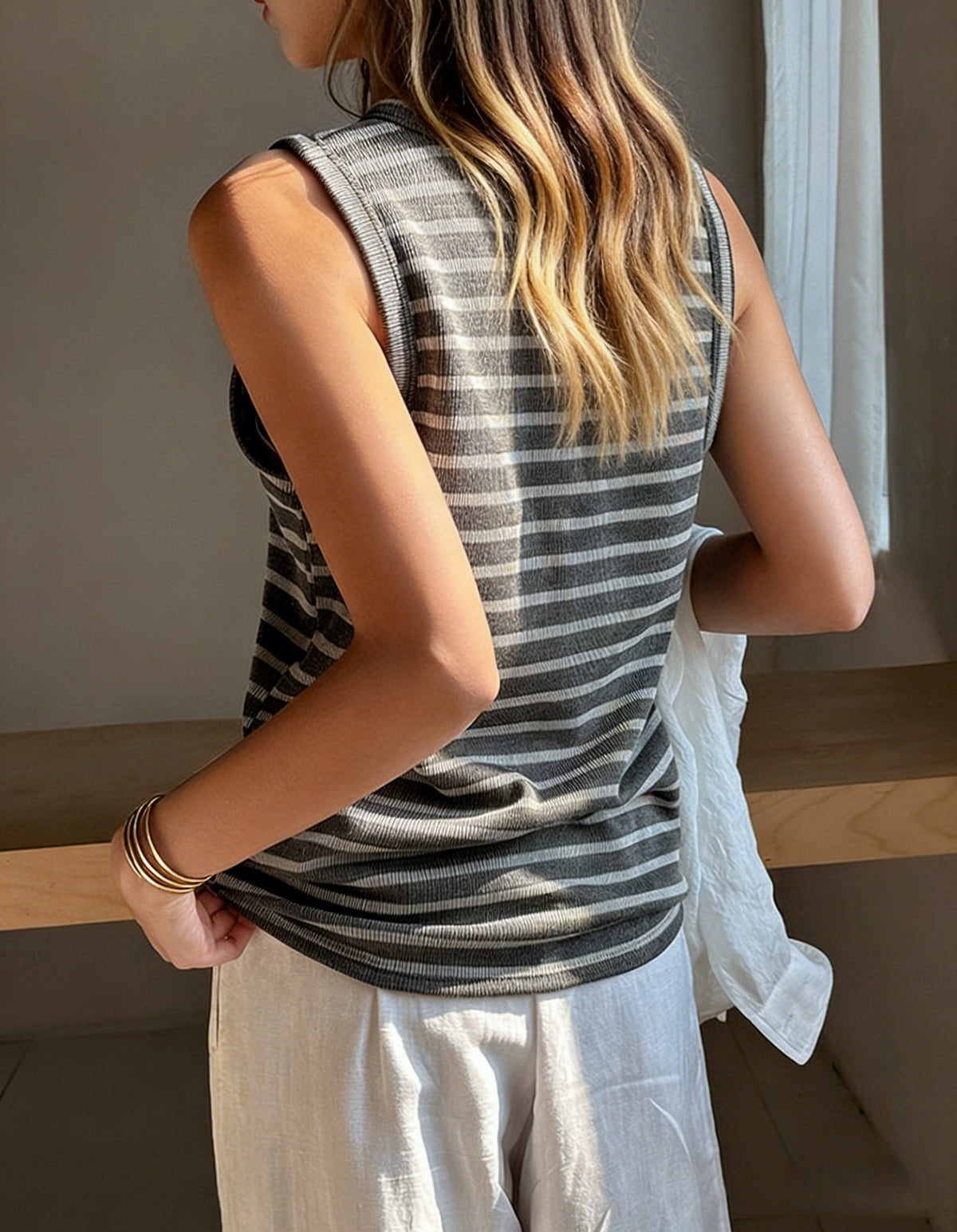 Wide Scoop Neck Striped Ribbed Tank - Grey - 3