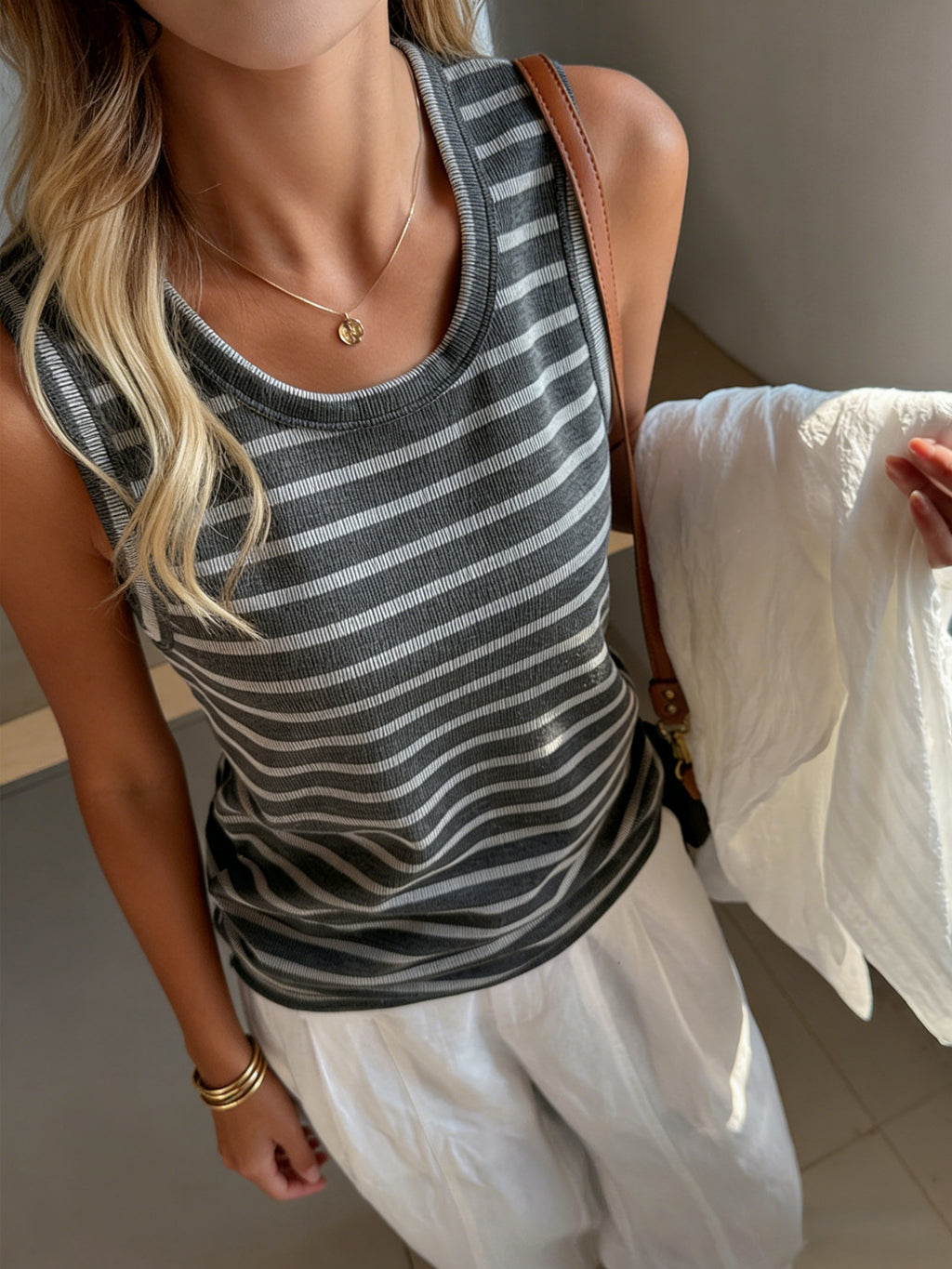 Wide Scoop Neck Striped Ribbed Tank - Grey - 4