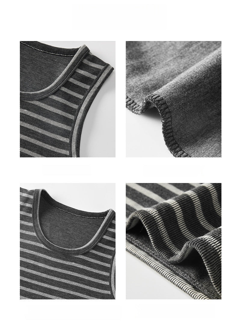 Wide Scoop Neck Striped Ribbed Tank - Grey - 8