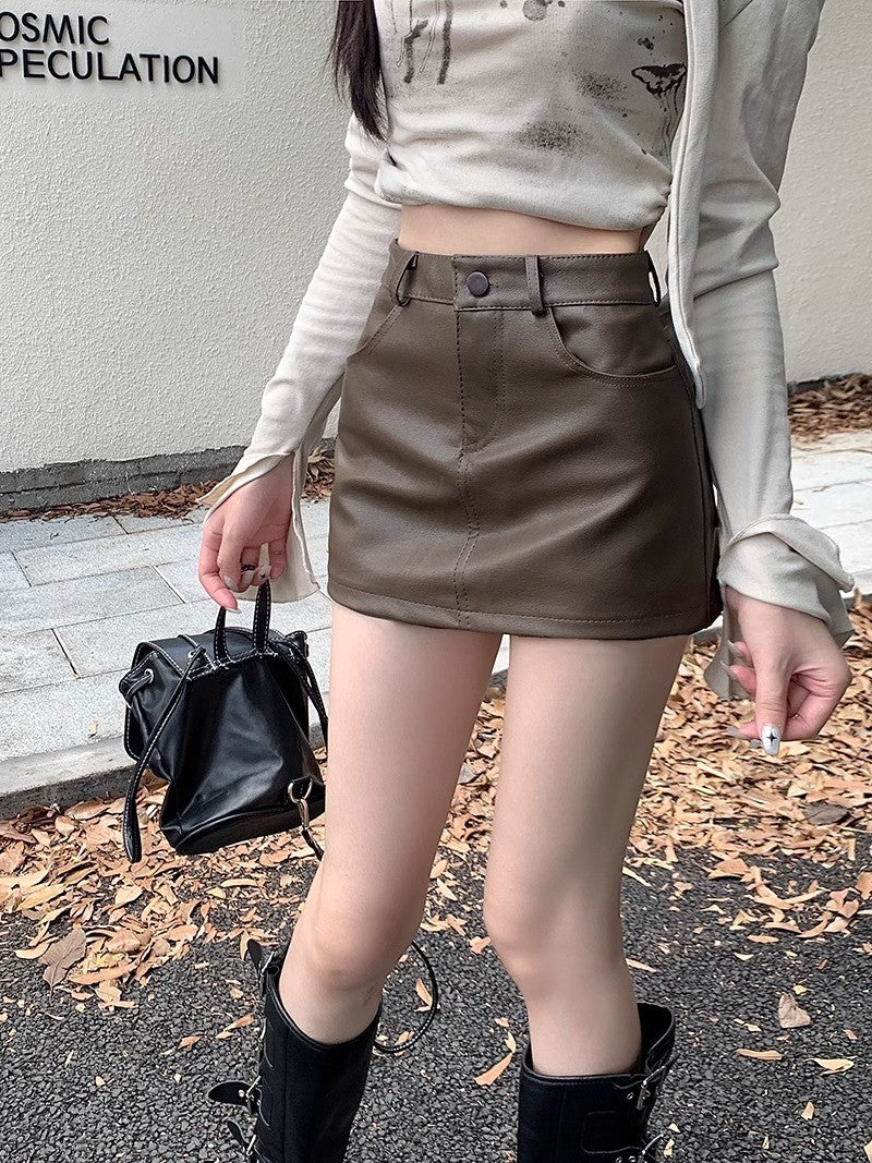 Faux Leather High Waist Five Pocket Mini Skort - Espresso Premium