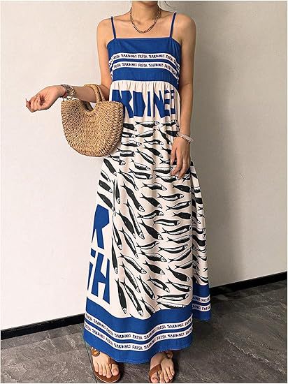 Sardine Print Slip Maxi Dress - Blue