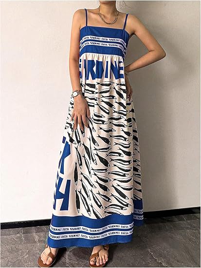Sardine Print Slip Maxi Dress - Blue - 1
