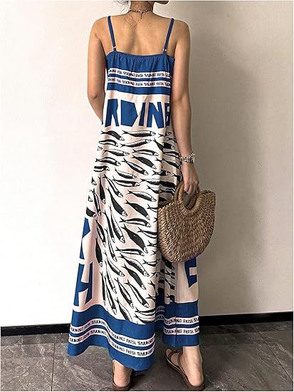 Sardine Print Slip Maxi Dress - Blue - 2