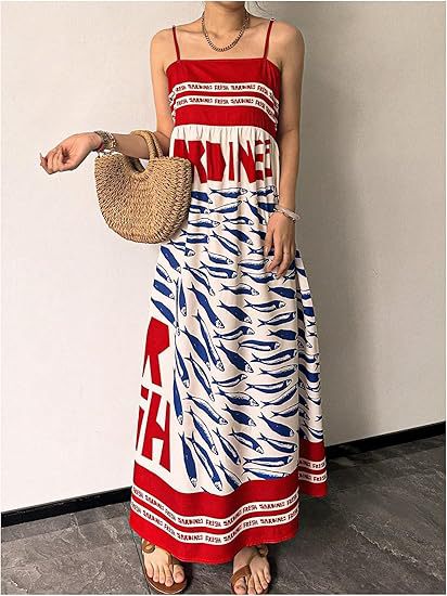 Sardine Print Slip Maxi Dress - Red