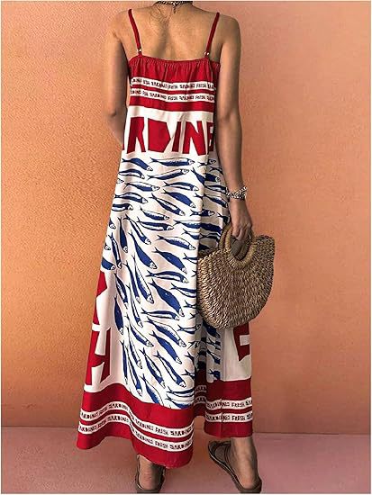 Sardine Print Slip Maxi Dress - Red - 1