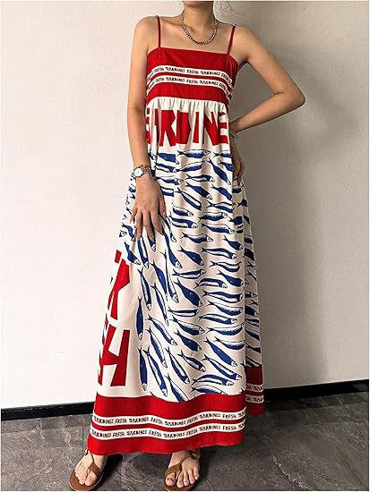 Sardine Print Slip Maxi Dress - Red - 2