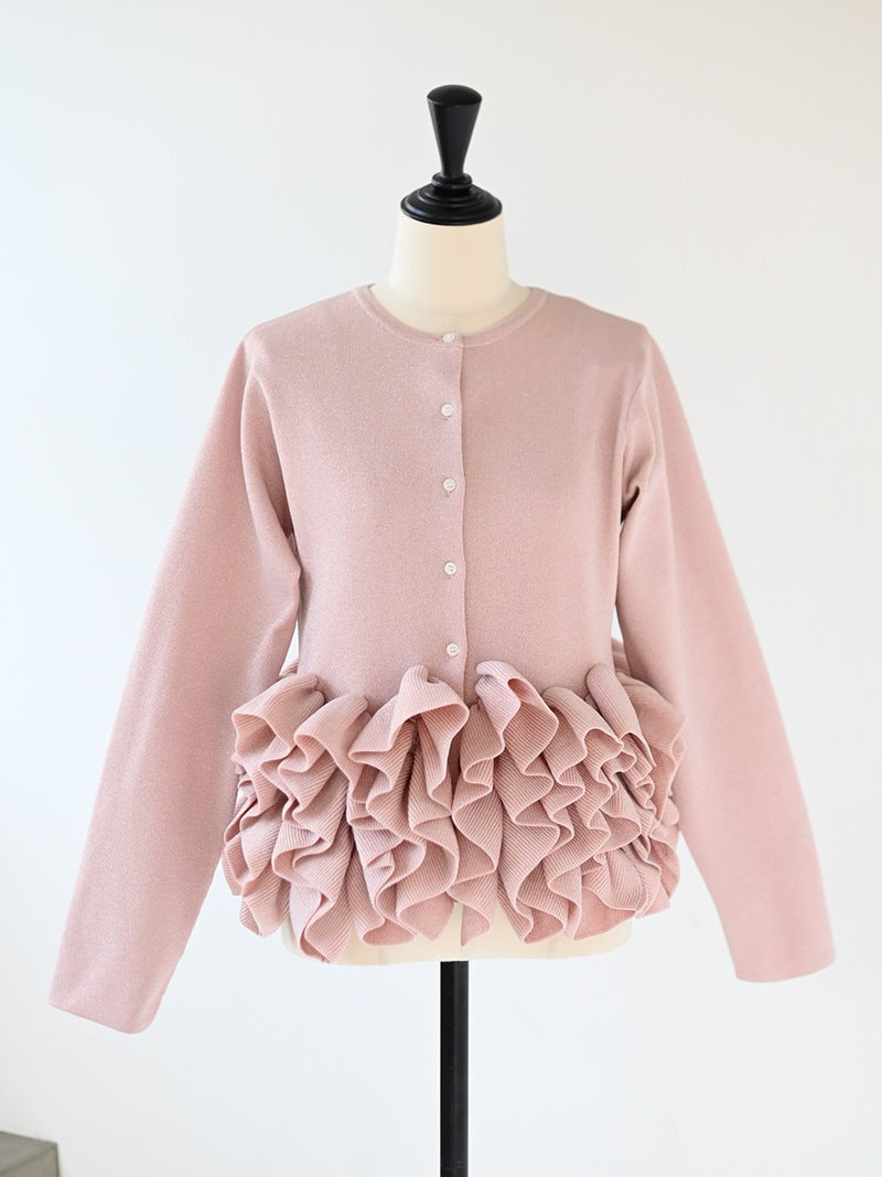 Petal Frill Hem Long Sleeve Knit Top - Pink
