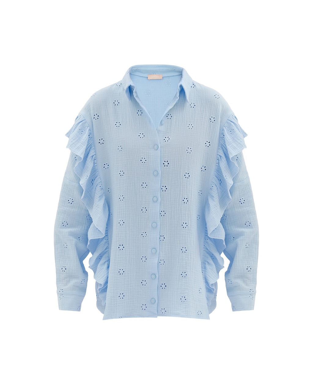 Eyelet Ruffle Shirt And Shorts Lounge Set - Blue