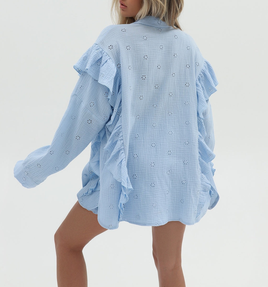 Eyelet Ruffle Shirt And Shorts Lounge Set - view 1
