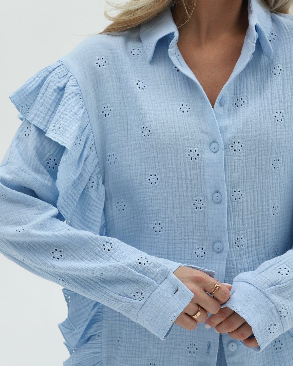 Eyelet Ruffle Shirt And Shorts Lounge Set - view 3