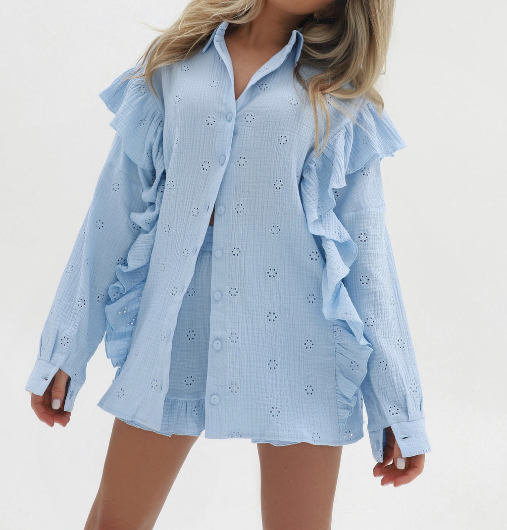 Eyelet Ruffle Shirt And Shorts Lounge Set - view 6
