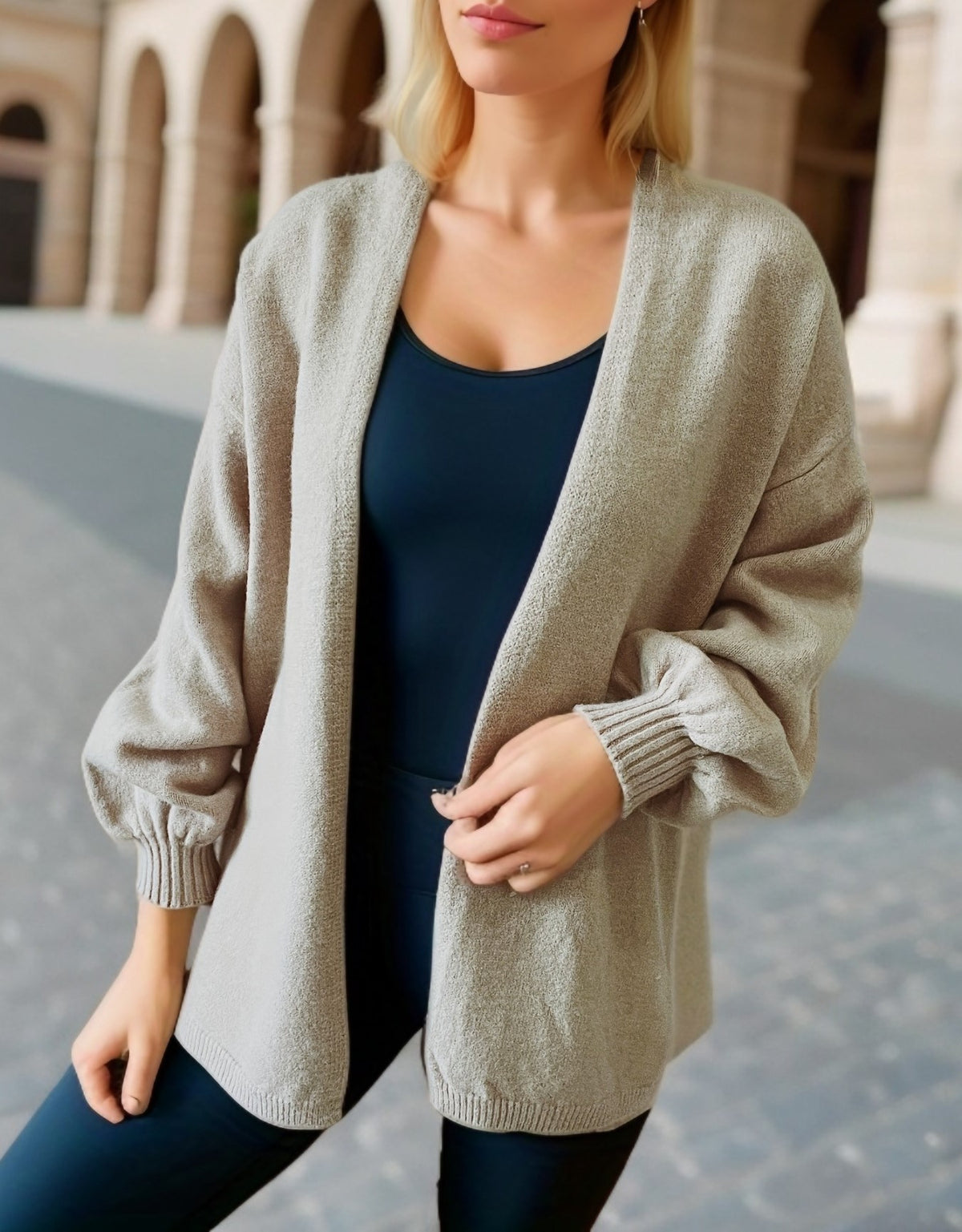 Balloon Sleeve Open Front V Neck Cardigan - Apricot - 1