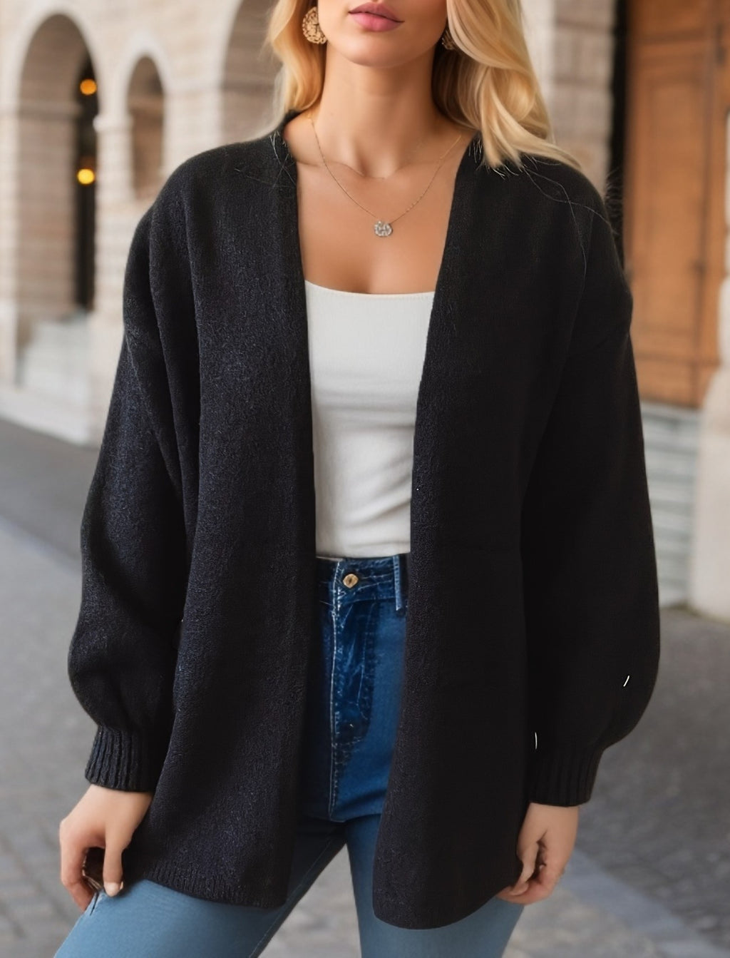 Balloon Sleeve Open Front V Neck Cardigan - Black