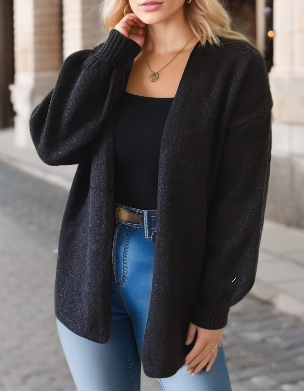 Balloon Sleeve Open Front V Neck Cardigan - Black - 1