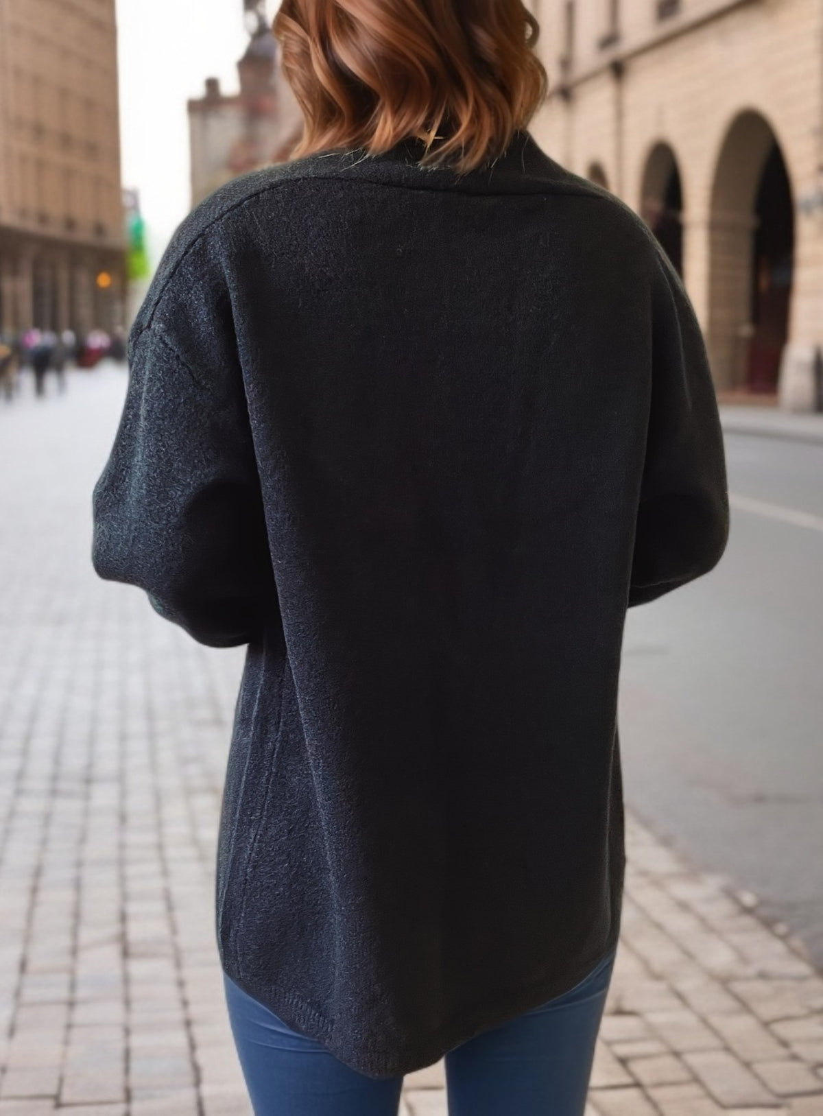 Balloon Sleeve Open Front V Neck Cardigan - Black - 2