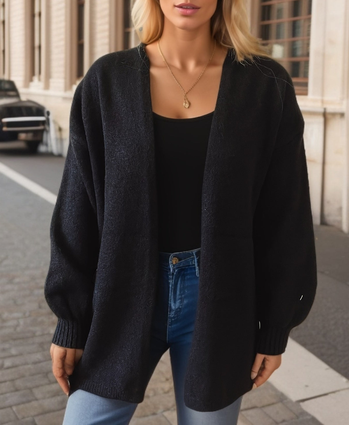 Balloon Sleeve Open Front V Neck Cardigan - Black - 3