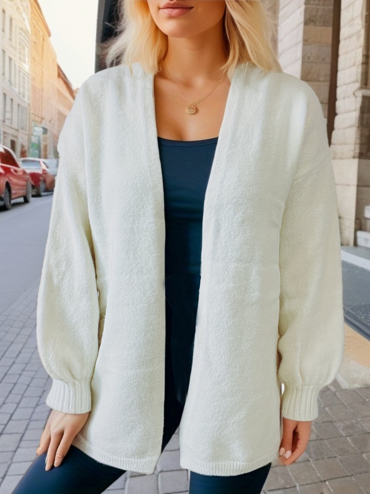 Balloon Sleeve Open Front V Neck Cardigan - White